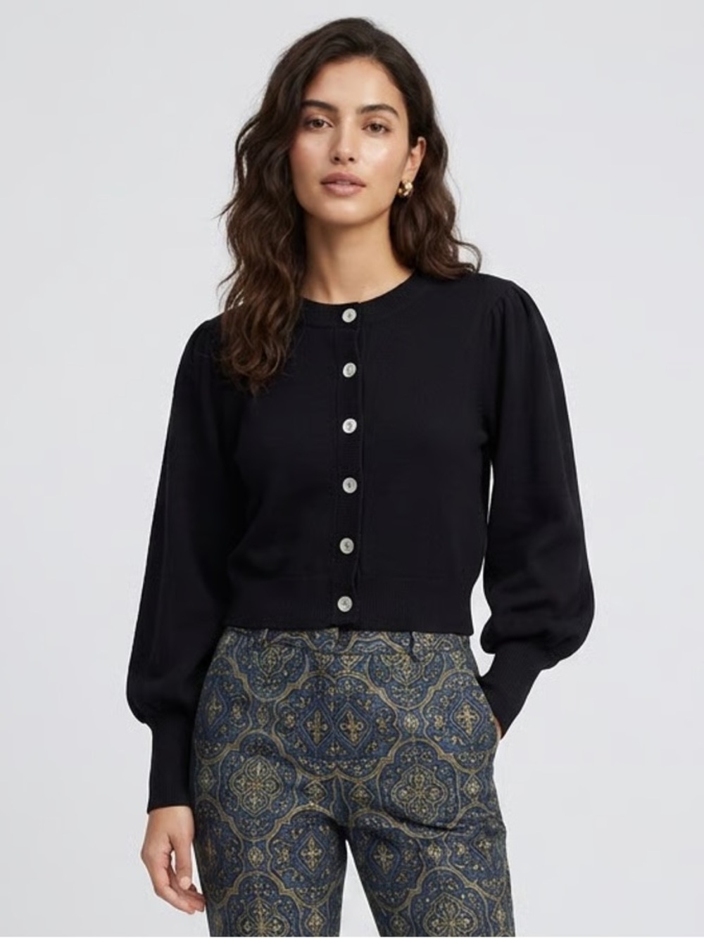WILFRED Black Button-Front Cropped Puff Sleeve Cardigan Sweater Sz L